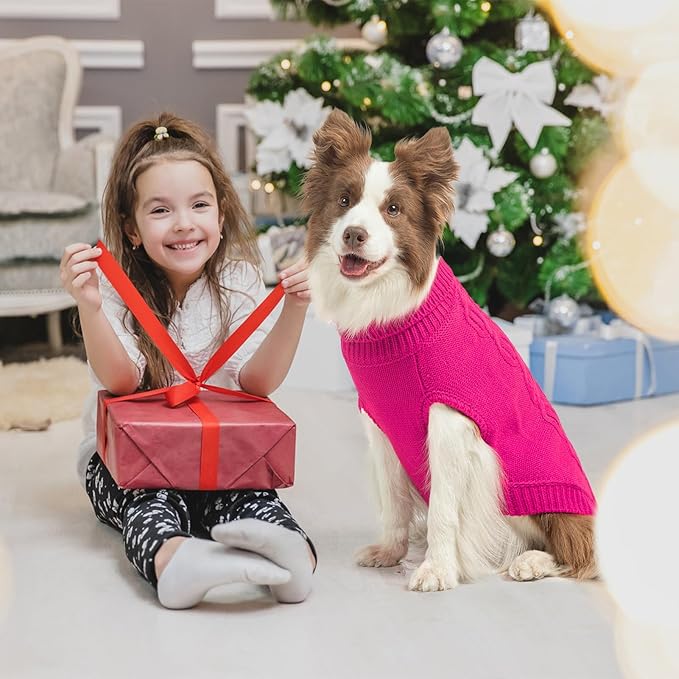 SCENEREAL Knitted Dog Sweater for Large Medium Small Dogs, Cat Dog Winter Coat Warm Sweatershirts Outfits, Classic Pet Clothes with Leash Hole, Soft Pet Knitwear Apparel for Girls Boys, Rose Red XL