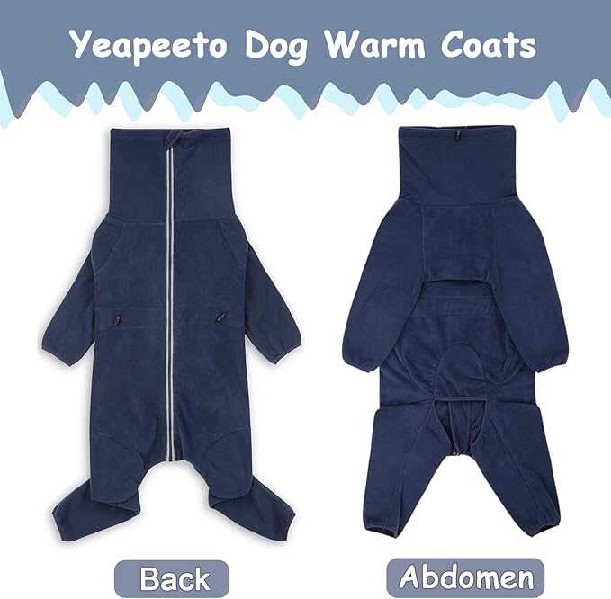 Dog Winter Coat for Large Medium Small Dogs, Warm Fleece High Collar Full Body Dog Jumpsuit Comfortable Onesie Apparel (Dark Blue, 4X-Large)