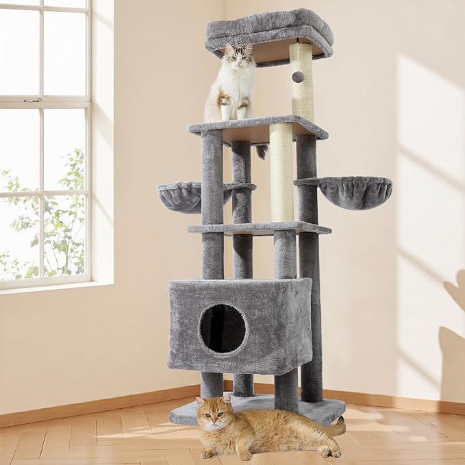 Gardner Pet 65in Heavy Duty Cat Tree Tower for Large Cats, Multi-Level Cat Furniture with Replaceable Sisal Scratching Post, Hammock | Extra-Large Platform & Condo (Grey)