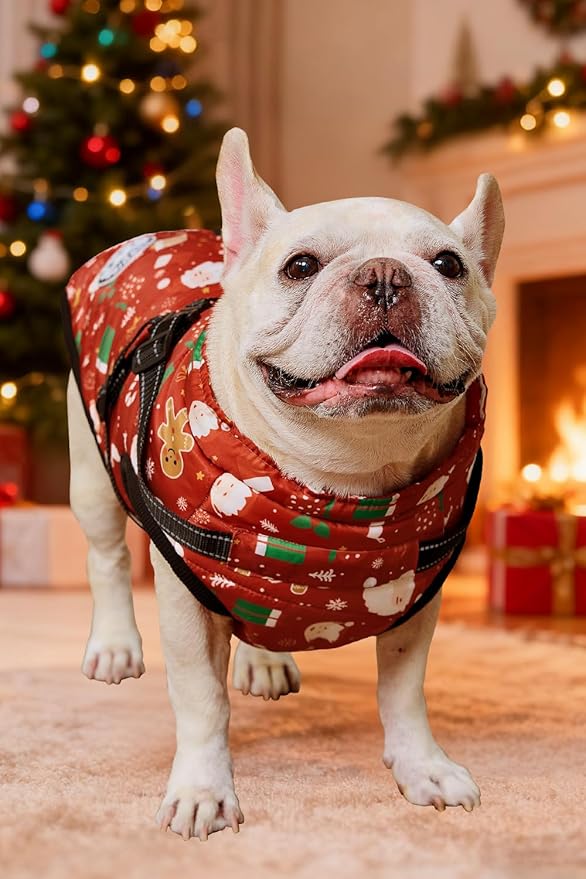 Aiboria Dog Jacket Windproof Fleece Dog Sweater with Padded Vest Chest Strap Harness Dogs Coat Christmas Red 3XL