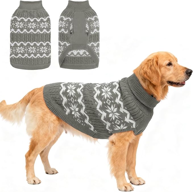 BEAUTYZOO Dog Christmas Sweater for Large Dogs Boy Girl,Thick Warm Winter Turtleneck Pullover Cable Knit Big Dog Sweaters Pitbull Labrador Golden Retriever Clothes Male Female Pet Jacket, Grey L