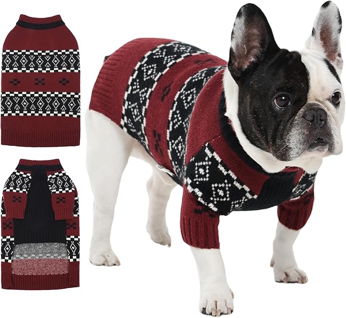 IECOii Male Dog Sweater,Thick Knitted Dog Sweaters for Small Medium Dogs Boy,Mid Neck Knitwear Extra Warm Pullover for Cold Weather,Cozy & Stretchy for Active Dogs, French Bulldog Sweater, DarkRed, M