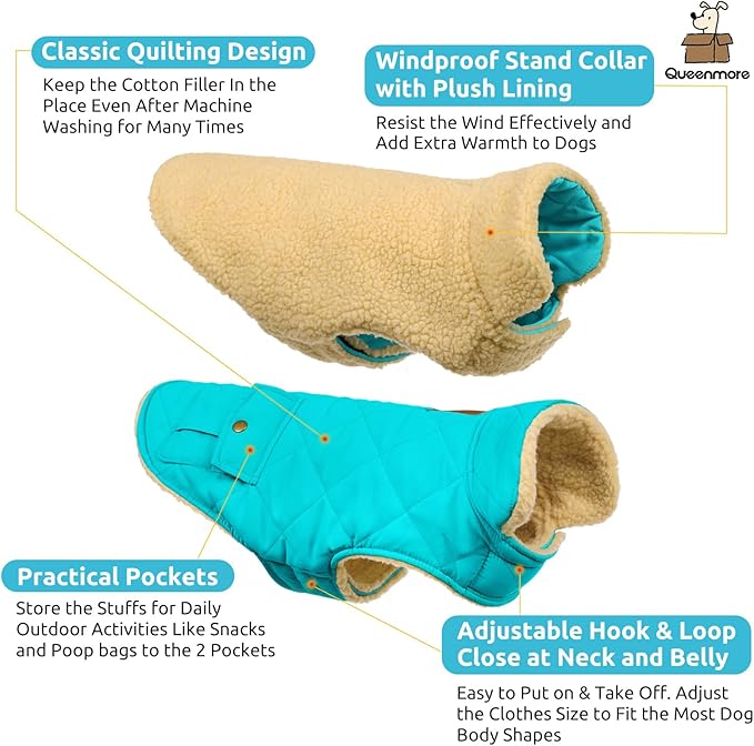 Queenmore Warm Dog Coat, Cold Weather Puffer Dog Coat Vest, Quilting Winter Pet Jacket Ultra Thick Plush Fleece Lining Pet Clothes for Dogs with Storage Pockets (Light Blue, X-Small)