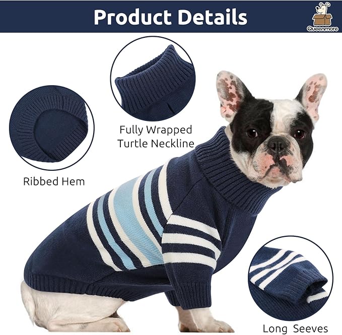 Queenmore Dog Striped Knitted Sweater, Turtleneck Pullover Pet Coat, Dog Winter Clothes with Leash Hole for Small Medium &Large Dogs(Navy Blue,L)