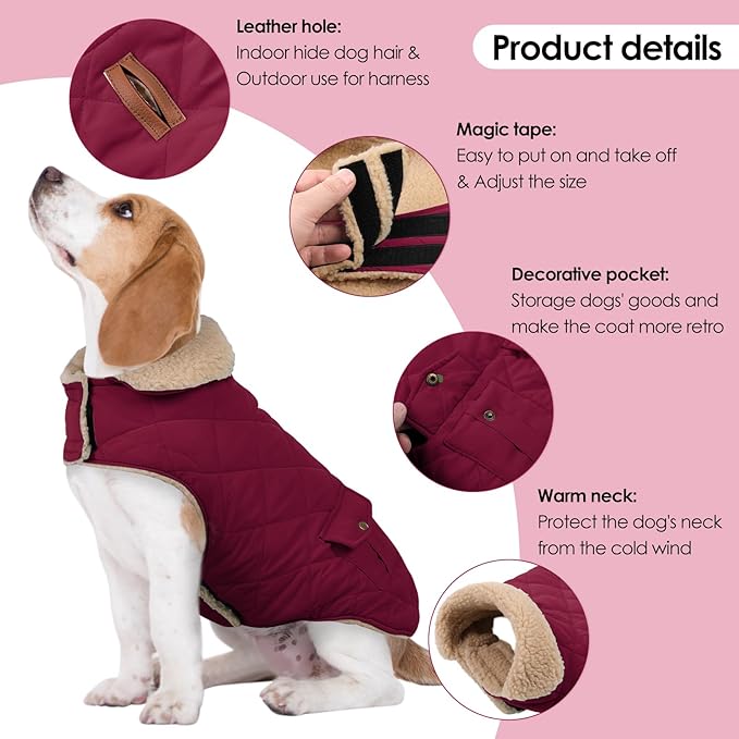 Large Dog Winter Jacket, Pet Warm Windproof Coat Dogs Cold Weather Coats Snow Jacket Pets Clothes, Golden Retriever, Labrador Retriever, Husky, Burgundy L