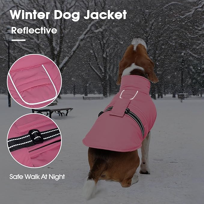 IECOii Large Dog Coat Reflective Snow Jackets Adjustable & Windproof Cold Weather Coats with Quick Snap Buckles Warm Vest for Beagle, Fleece Lined Waterproof Dog Jacket for Hiking, Orange, Size L