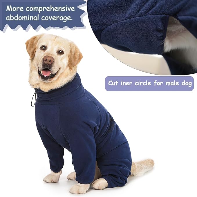 Dog Winter Coat for Large Medium Small Dogs, Warm Fleece High Collar Full Body Dog Jumpsuit Comfortable Onesie Apparel (Dark Blue, X-Large)
