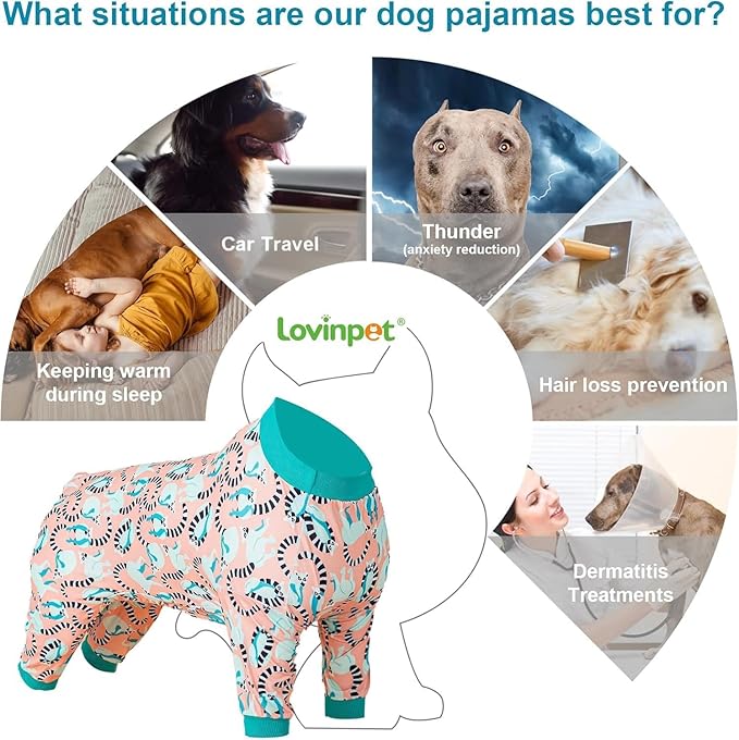 LovinPet Pitbull Dog Pjs for Large Dogs, Pet Anxiety Relief Pajamas, Sun Protection Dog Shirt Comfy Stretchy Fabric, Pastel Lemur Print, Pajamas for Pitbulls, Pitbull Party Clothes, Large