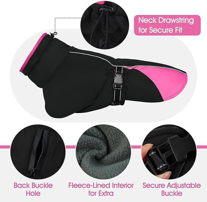 Dog Coat for Small to Large Dogs – Water Resistant Jacket with Soft Fleece Lining, Adjustable Fit and Reflective Trim Pink XXXL