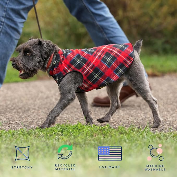 Goldpaw Stretchy Fleece Jacket for Small Dogs - Super Soft, Warm Dog Sweater - Pet Sweater Vest for Fall and Winter - Canine Clothes Made in The USA - Machine Washable - Mulberry Plaid - Size 10