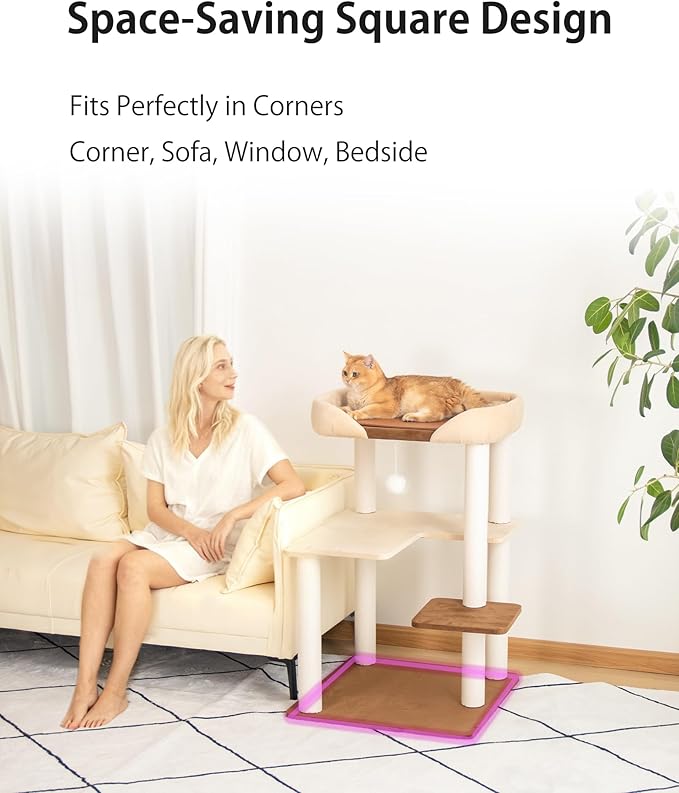 LULUCAT Modern Cat Tree for Large Cats, 37.5-Inch Tall Cat Tree Tower with Wide Shelves Low Step Cotton Scratching Posts, Super Sturdy Base, Cozy Perches, and Interactive Toys for Indoor (95cm White)