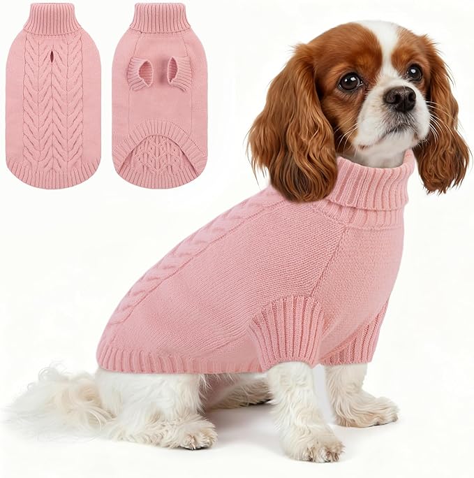 Dog Sweaters for Small Dogs Classic Turtleneck Dog Christmas Sweater Thick Warm Pullover Female Puppy Pet Stretch Knitwear Fall Winter Clothes with Leash Hole(Pink, S)