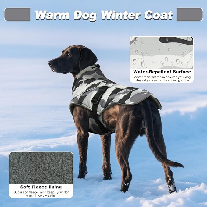 DENTRUN Large Dog Winter Coat - Windproof Reflective Warm Coat, Adjustable Neck & Snap Closure, Water Repellent Thick Fleece Vest, Fleece Lined for for Golden Retriever, White Camo, XL