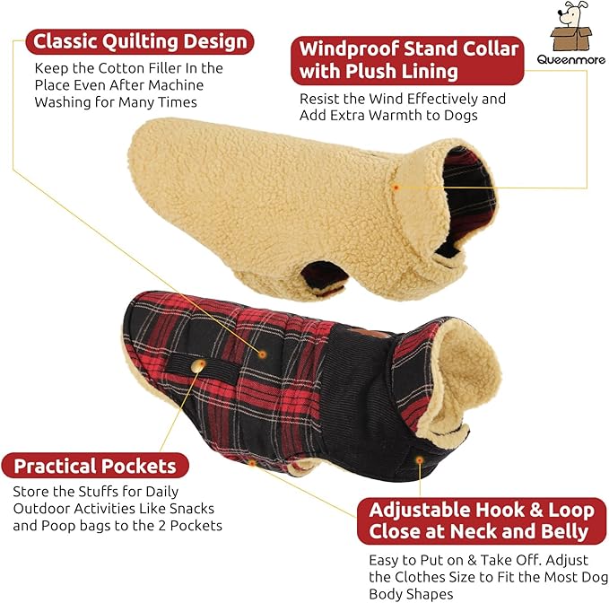 Queenmore Dog Winter Coat Warm Dog Jacket for Cold Weather, Quilting Puffer Plaid Coats for Small/Medium Dogs Waterproof,Girl/Boy Pet Christmas Coat,Pet Snowsuit with Leash Hole/Fleece Padding, M