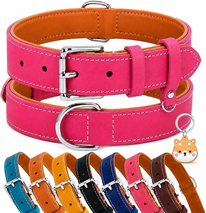 Genuine Leather Dog Collar, Soft Padded Leather Dog Collars with Airtag Holder Case for Small Medium Large X-Large Dogs,Comfort Heavy Duty Pet Collar with Durable Metal Buckle & D-Ring-Pink/S