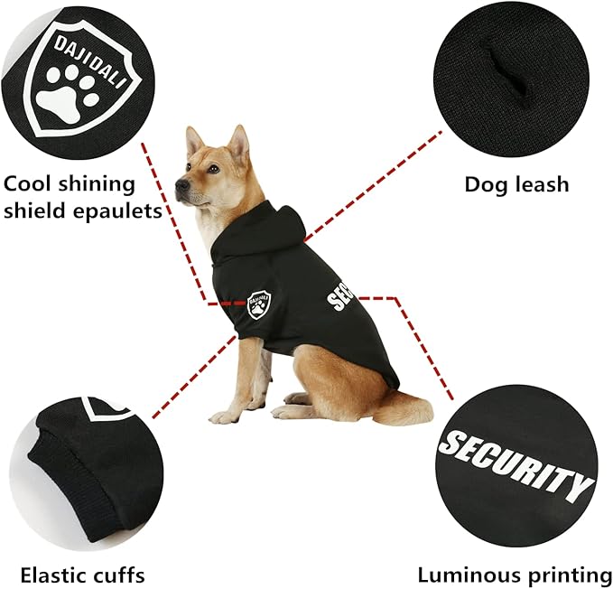 Dog Security Hoodie with Glow-in-The-Dark Prints DAJIDALI Dog Clothes Apparel Winter Sweatshirt Warm Sweater Jacket Coat Hoodie for Small Medium Large Dog Cat