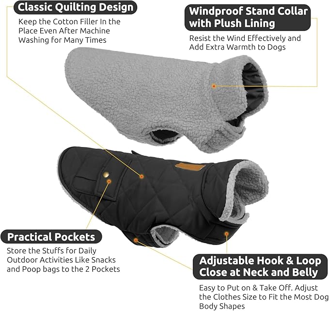 Queenmore Dog Winter Coat Warm Puffer Jacket Waterproof Plush Lining Thermal Cold Weather Vest for Small Medium Large Dogs, Windproof Easy On Pet Jacket Black XL