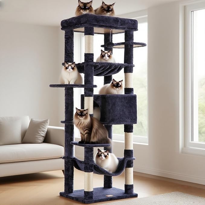 Heybly Cat Tree for Large Cats 20 lbs Heavy Duty,69 inches XXL Cat Tower for Indoor Cats,Multi-Level Furniture Condo with Big Padded Plush Perch,Cozy Basket HCT031G