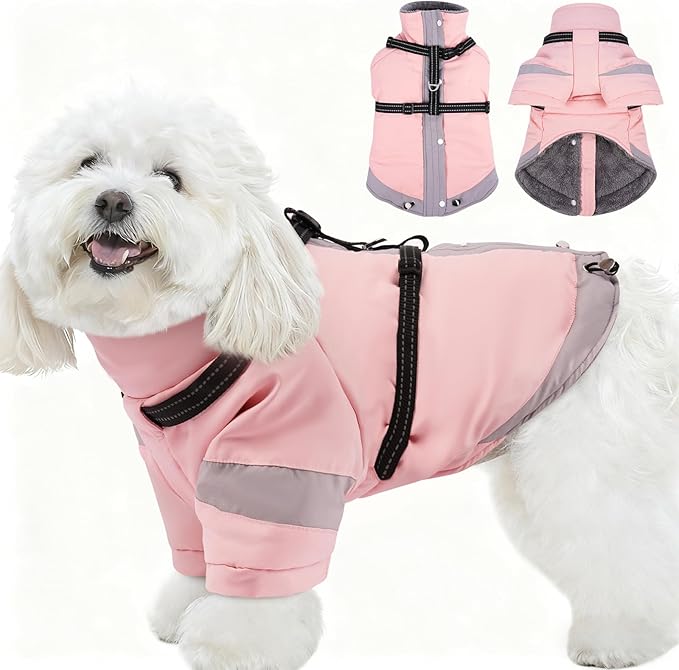 XS Dog Winter Coat with Harness Built in - Turtleneck with Sleeves| Reflective Water-Repellent Jackets for Cold Night,Warm Snow Suit for Snowy Day,Chihuahua (Light Pink)