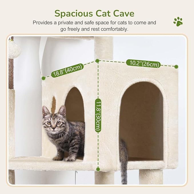 Globlazer Cat Tree Tower with Scratching Post for Indoor Cats, 53inch Tall Plush Multi-Level Cat Climbing Tower Condo House with Large Hammock, Spacious Cat Cave, Big Padded Top Perch Bed, F53, Beige