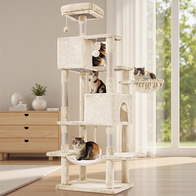 Aidoly Large Cat Tree 66 Inch, Multi-Level Tall Cat Tree Tower with Condo, Perches, Sisal Scratching Posts and Hammock, Pet Play House with Dangling Balls for Indoor Cats, Beige