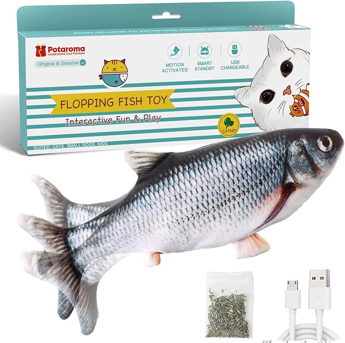 Potaroma Cat Toys Flopping Fish with Catnip, Moving Kitten Kicker, Floppy Wiggle Carp for Small Dogs, Interactive Motion Kitty Exercise, 10.5 Inches