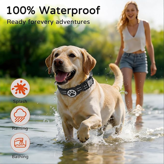 Waterproof AirTag Dog Collar with QR Code Dog Tag, Black02 M | IP68 waterproof, QR code dog tag, Anti-Lost, Online profile, fits XS-L (8"-26"), Padded nylon, Reflective, No App, No Fees