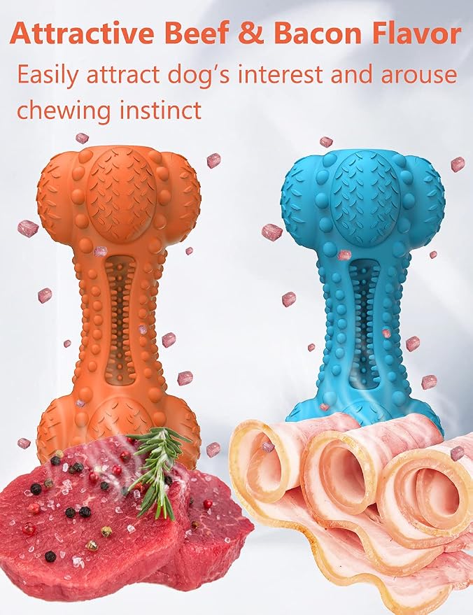 SCHITEC Two Squeaky Dog Chew Toy for Aggressive Chewers Large Breed, Tough Indestructible Rubber Bone with Toothbrush for Big Medium Dogs Teeth Cleaning, Blue and Orange