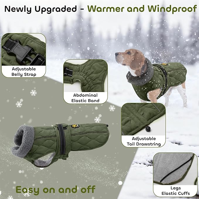 Dog Coat Winter, Waterproof Quilted Dog Jacket for Cold Weather, Reflective Adjustable Puppy Winter Coat, Warm Turtle-Neck Pet Fleece Snow Jacket for XX-Large Dogs, NewGreen XXL