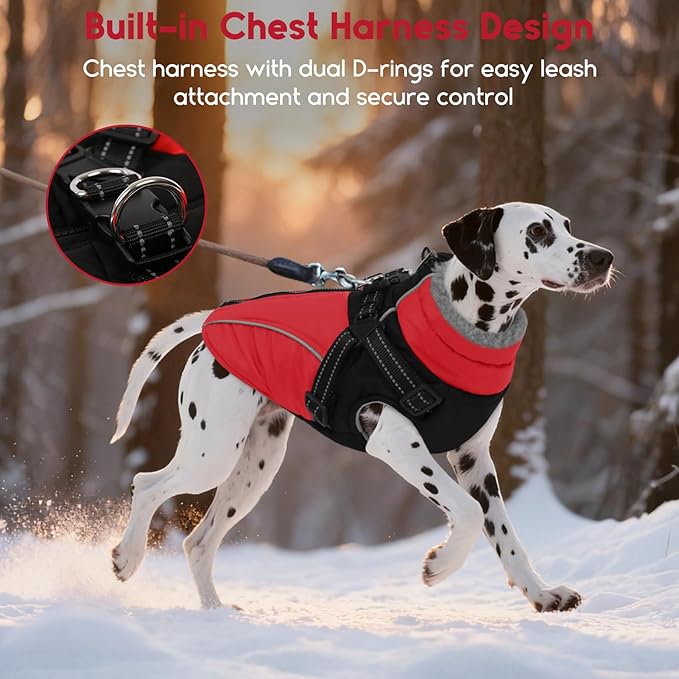 ASENKU Reflective Dog Coat with Built-in Harness, Windproof Fleece-Lined Dog Jacket for Small, Medium, Large Dogs, Warm Winter Vest with Turtleneck & Zipper (Red XS)