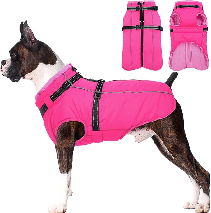Lelepet Dog Winter Coat Waterproof Dog Jacket with Harness Built in Windproof Reflective Pet Coats for Small Medium Large Dogs, Thermal Fleece Lined Coats for Cold Weather Walking Hiking, Rose Red, L