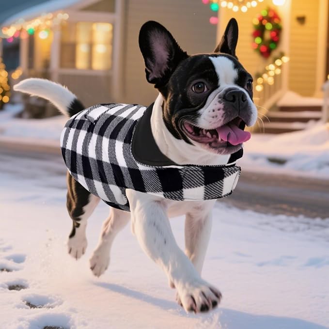 ASENKU Dog Winter Coat, Fleece Doggie Jacket Plaid Reversible Vest Waterproof Windproof Cold Weather Clothes for Small Medium Large Dogs (S, White)