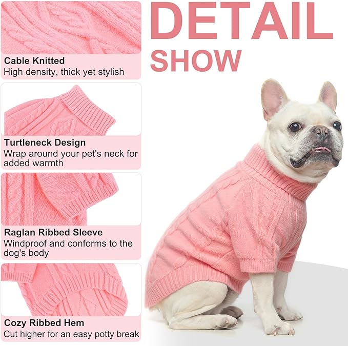 BEAUTYZOO Small Dog Sweater Female Male, Fleece Dog Winter Sweater for Medium Girl Boy Dogs, Pink Warm Cute Puppy Pullover Sweater, Thick Turtleneck Pet Cold Weather Clothes Cable Knitwear, Pink SM