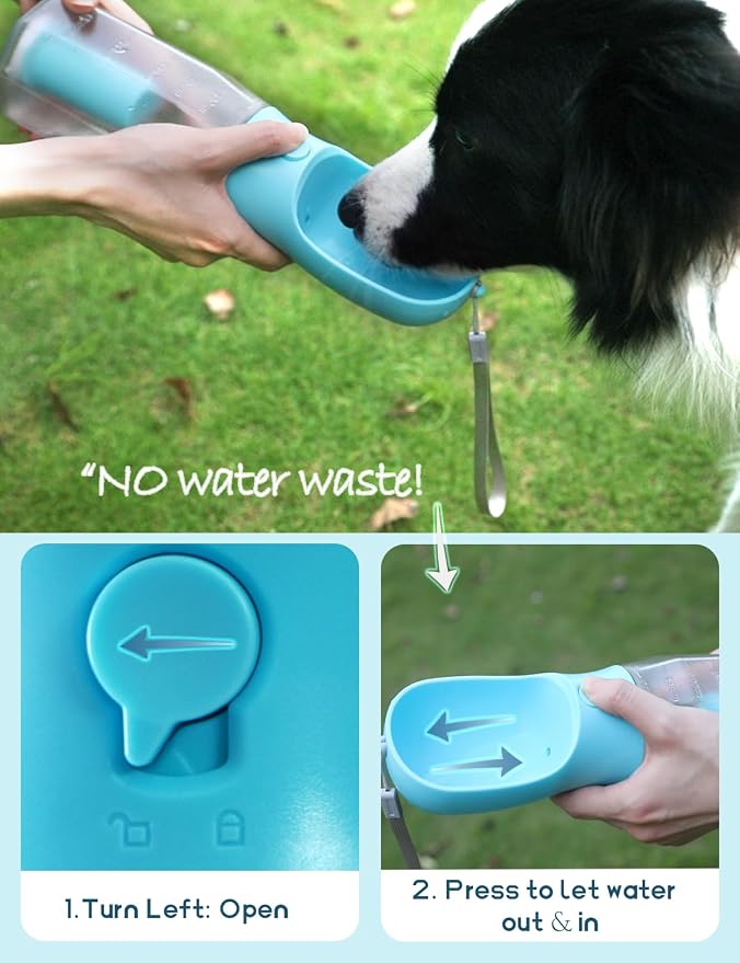Portable Water Bottle for Dogs, 3 in 1 Pet Travel Bowl Dispenser with Food Treat Container & Poop Bag Holder, Summer Outdoor Walking Hiking Accessories for Large Dog On The Go - Blue, 20oz