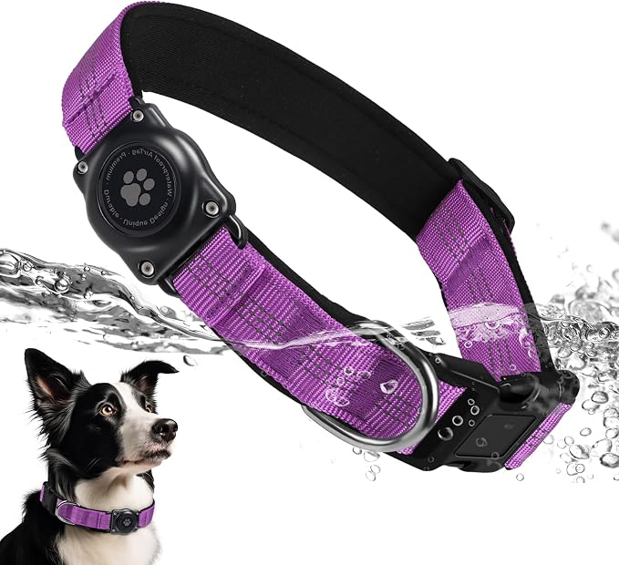 Upgrade Dog Collar with AirTag Holder, IP68 Waterproof, Purple, XL | Built-in Water Resistant AirTag holder, 1000D Nylon, Reflective Stitching for Night Visibility, Soft padding for Comfort