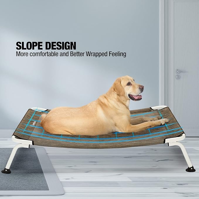 Veehoo Elevated Dog Bed for Outdoor, Cooling Waterproof Raised Dog Cots Beds for Medium Dogs, Curved Off Ground Pet Hammock Cot Lifted for Outside, up to 65lbs, White Legs, Brown 32"
