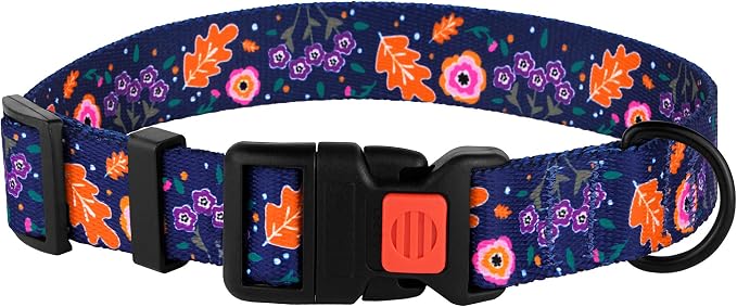 Nylon Dog Collar Floral Pattern Navy Blue 18-16 inch