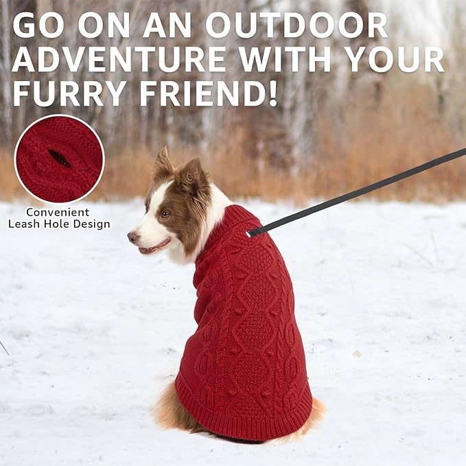 SCENEREAL Knitted Dog Sweater for Large Medium Small Dogs, Cat Dog Winter Coat Warm Sweatershirts Outfits, Classic Pet Clothes with Leash Hole, Soft Pet Knitwear Apparel for Girls Boys, Burgundy L
