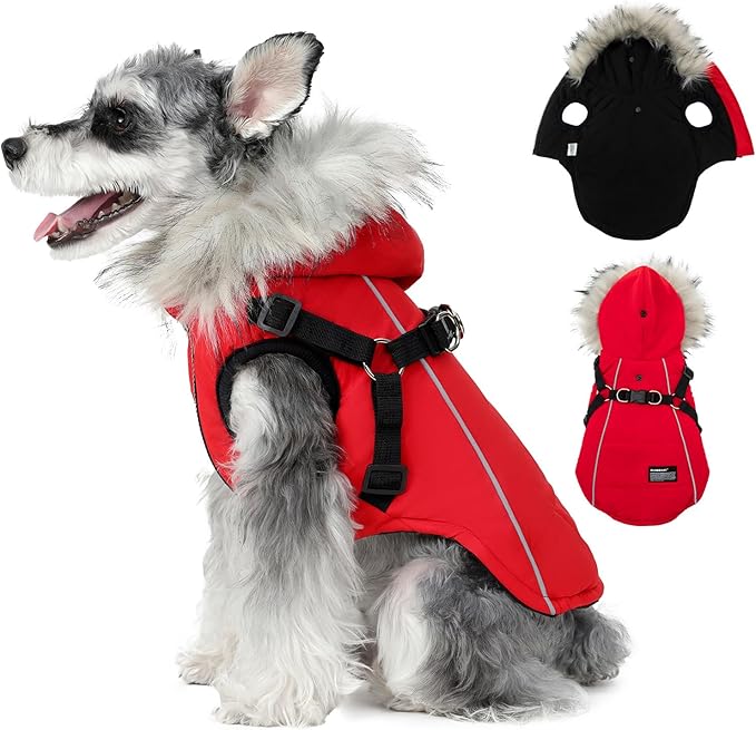PINA Dog Coat with Built in Harness, Dog Jacket with Faux Fur Hood, Dogs Vest with Reflective Strap for Small Medium Large Dogs, Red, 3XL
