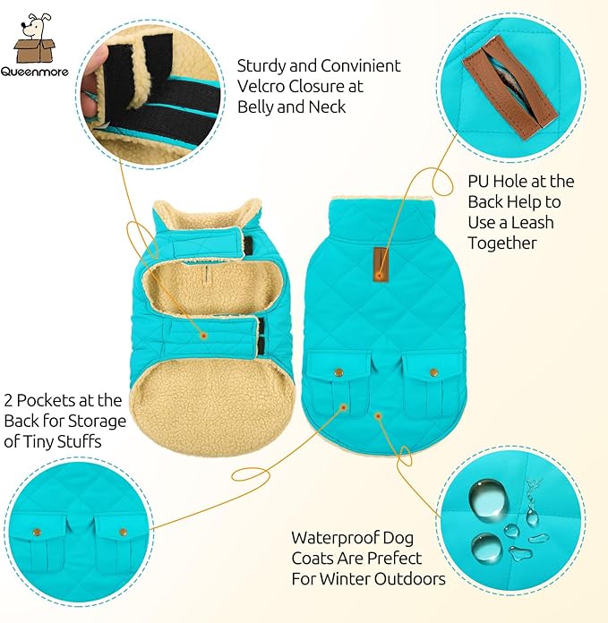 Queenmore Warm Dog Coat, Cold Weather Puffer Dog Coat Vest, Quilting Winter Pet Jacket Ultra Thick Plush Fleece Lining Pet Clothes for Dogs with Storage Pockets (Light Blue,X-Large)