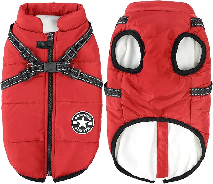 Aiboria Dog Jackets for Winter Windproof Waterproof 2 in 1 Outfit Cold Weather Coat Dog Vest Harness Puppy Winter Warm Jacket Red XL