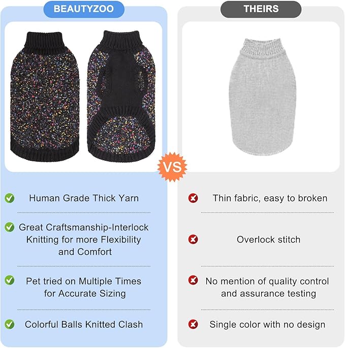 BEAUTYZOO Cable Knit Small Dog Sweater, Color Block with Fuzzy Thread Knitted Turtleneck Dog Knitwear with Dots in a Variety of Colors for Small Medium Dogs Fall Winter Dog Clothes, S/M Black