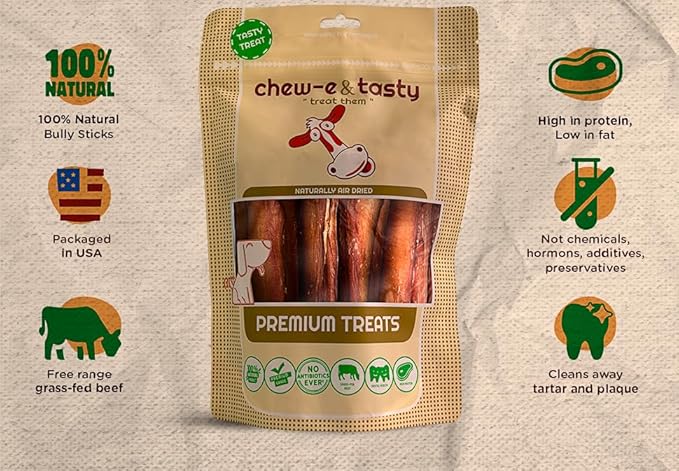 chew-e&tasty Premium Grade 6" Jumbo Bully Sticks (Pack of 8) - All Natural Free-Range Odor Free High Protein Beef Dental Dog Chews Safest Long Lasting Pizzle Chews to Keep Your Dog Busy