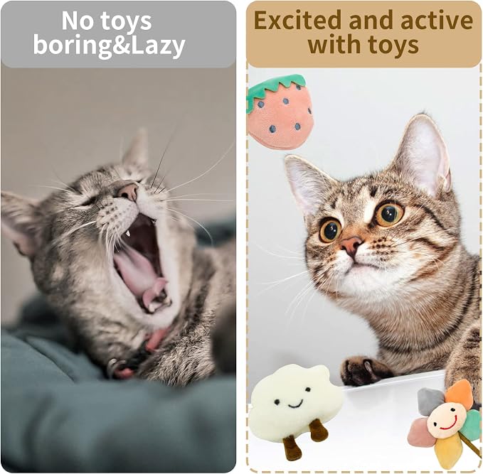 Kitten Chew Toys for Teething with Catnip – 3Pcs Bite Resistant Plush Cat Toys (Strawberry, Cloud Bell, Sunflower Stick)