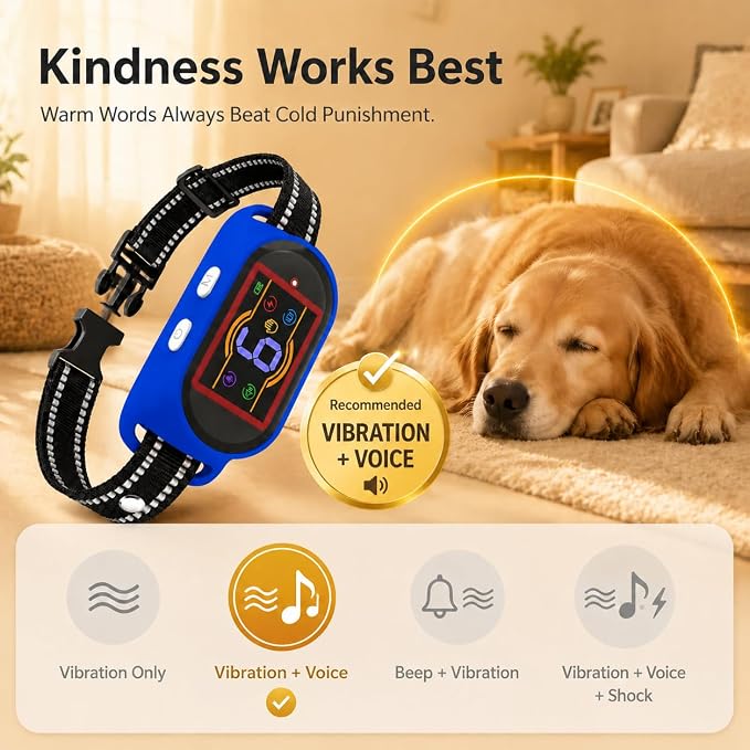 Voice Memo Anti Bark Collar, Smart Dog Bark Collar, Navy Blue | Custom Voice Recording, 4 Humane Training Modes, 6 Adjustable Sensitivity Levels, Rechargeable, for Small Medium Large Dogs