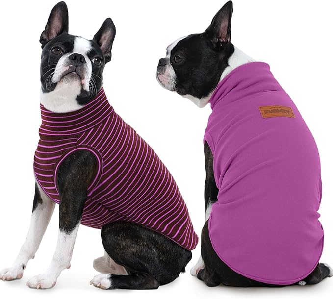 FUAMEY 2 Pack Dog Fleece Vest for Small Dogs,Maltese Chihuahua Stretchy Dog Sweatshirts Warm Dogs Pullover Winter Pet Sweaters with Leash Hole Puppy Turtleneck Sleeveless Purple Stripes S