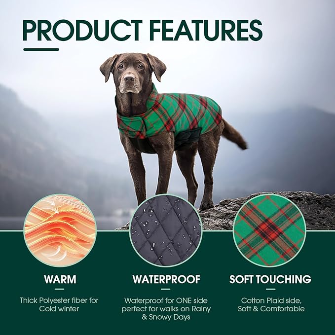 Kuoser Waterproof Dog Coat, Reversible Dog Jacket for Medium Dogs, Adjustable Durable Doggie Winter Coat Warm Puppy Cold Weather Apparel from Small to Large Breed, Christmas Green M