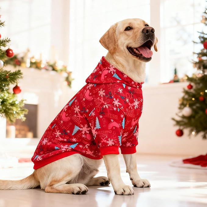 Red Christmas Dog Hoodie Soft Warm Fleece Lined Dog Sweater Hoodie with Leash Hole and Pocket Elastic Xmas Pet Coat Clothes Dogs Sweatshirt for Small Medium Large Size Dogs(Red B,X-Large)