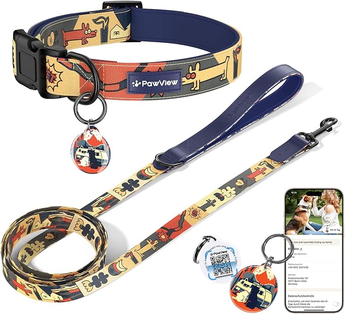 Dog Collar and Leash Set with QR ID Tag, 5 FT Leash, Dark Blue, M