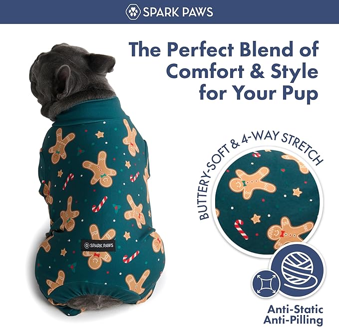 Spark Paws Dog Christmas Pajama, Dog Recovery Suit Male, Onesie, Ultra-Soft and 4-Way Stretch, for Small Medium and Large Breeds - Gingerbread Man - M